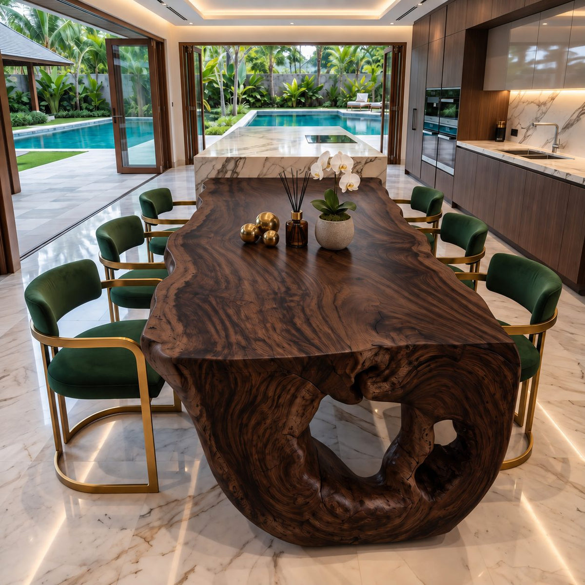 Burl Figured Dining Table Top, Sculptural Solid Wood Tabletop with Irregular Natural Edge, 63 to 98 Inch