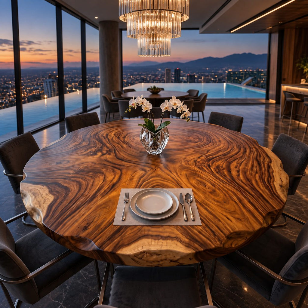Rippled Edge Round Table Top, Live Edge Solid Wood Dining Tabletop with Bold Swirl Grain, 32 to 59 Inch