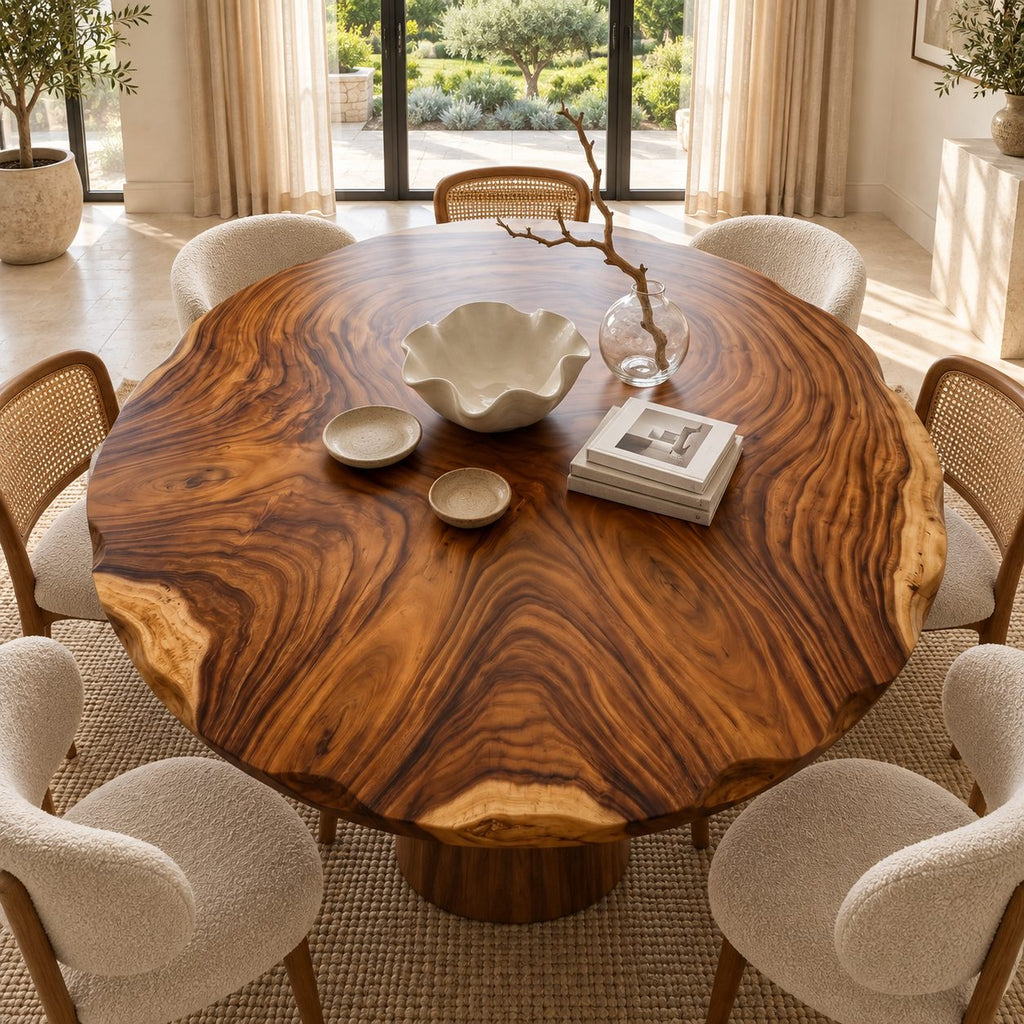 Rippled Edge Round Table Top, Live Edge Solid Wood Dining Tabletop with Bold Swirl Grain, 32 to 59 Inch