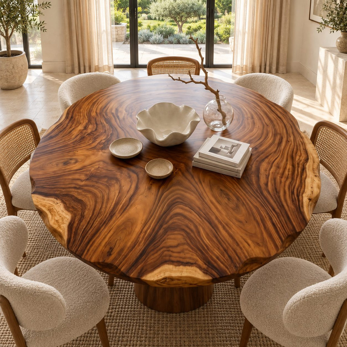 Rippled Edge Round Table Top, Live Edge Solid Wood Dining Tabletop with Bold Swirl Grain, 32 to 59 Inch