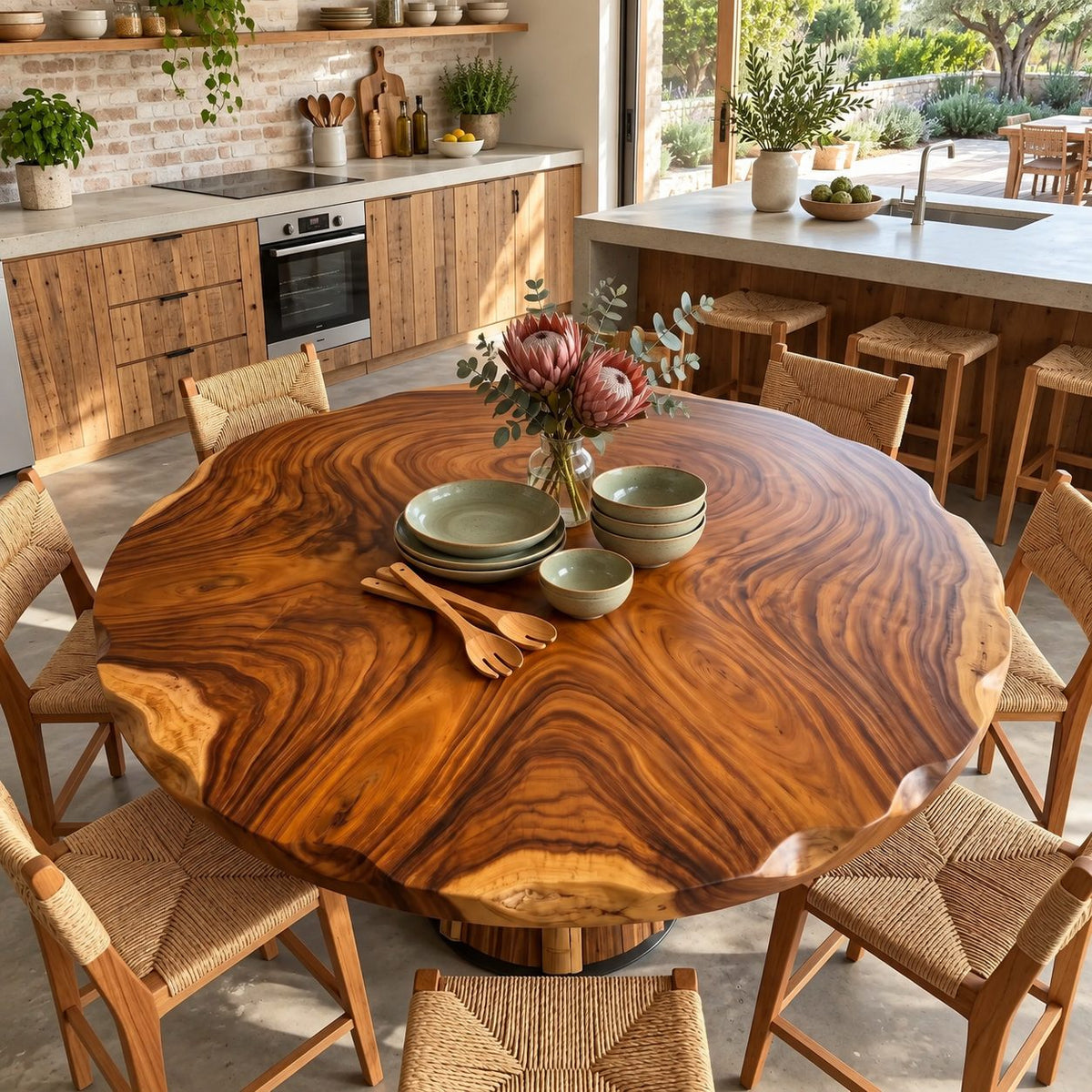 Rippled Edge Round Table Top, Live Edge Solid Wood Dining Tabletop with Bold Swirl Grain, 32 to 59 Inch