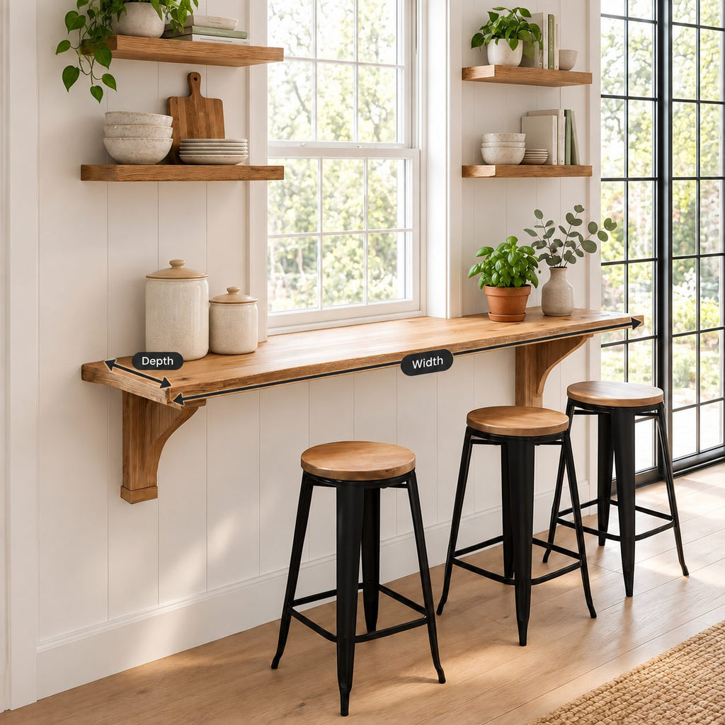 Wall Mounted Bar Counter, Solid Wood Breakfast Bar Plank for Small Kitchens, 1.5 Inch Thick, 10 to 47 Inch