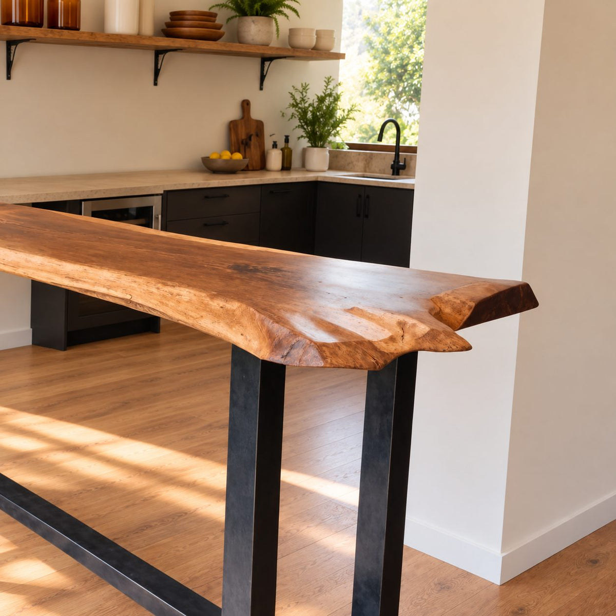 Live Edge Bar Table, Solid Wood Slab Pub Height Counter on a Steel H-Frame Base, 39 to 79 Inch