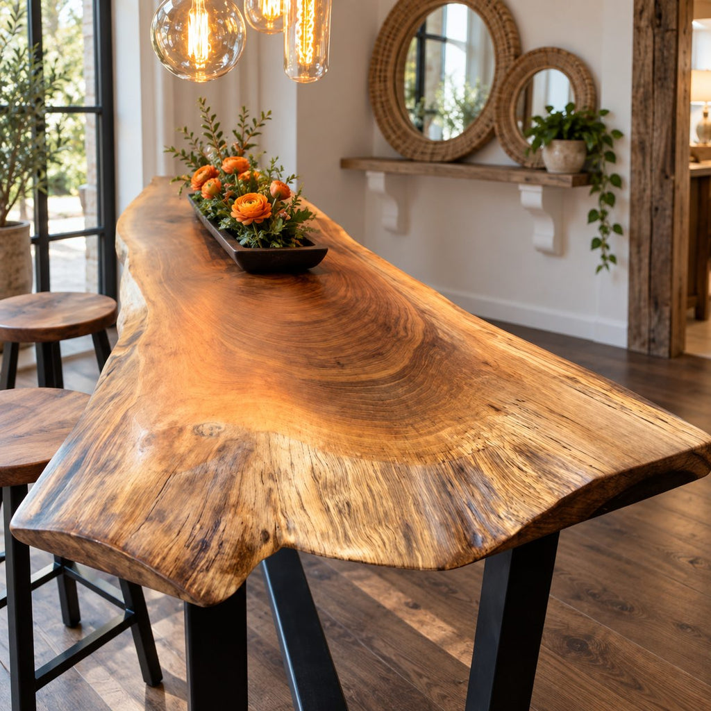 Live Edge Bar Table, Solid Wood Slab Pub Height Counter on a Steel H-Frame Base, 39 to 79 Inch