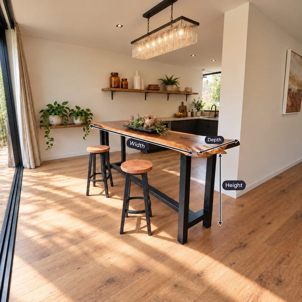 Live Edge Bar Table, Solid Wood Slab Pub Height Counter on a Steel H-Frame Base, 39 to 79 Inch