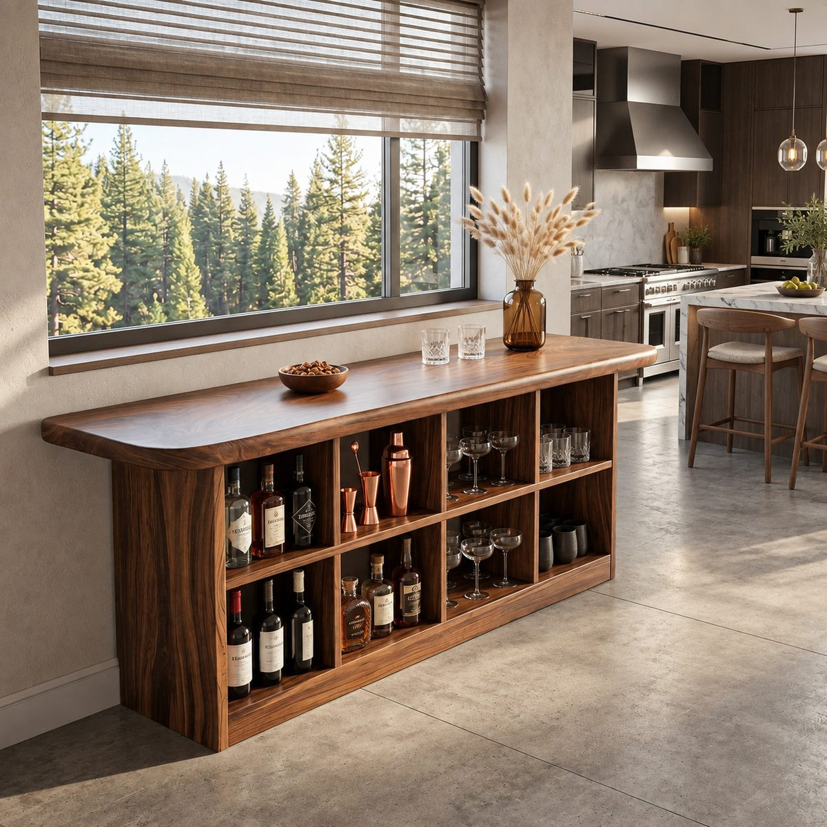 Cubby Storage Bar Table, Solid Wood Pub Height Home Bar with Open Bottle Shelves and Rounded Top, 39 to 79 Inch