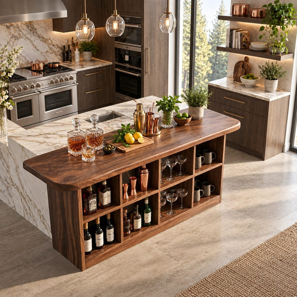 Cubby Storage Bar Table, Solid Wood Pub Height Home Bar with Open Bottle Shelves and Rounded Top, 39 to 79 Inch