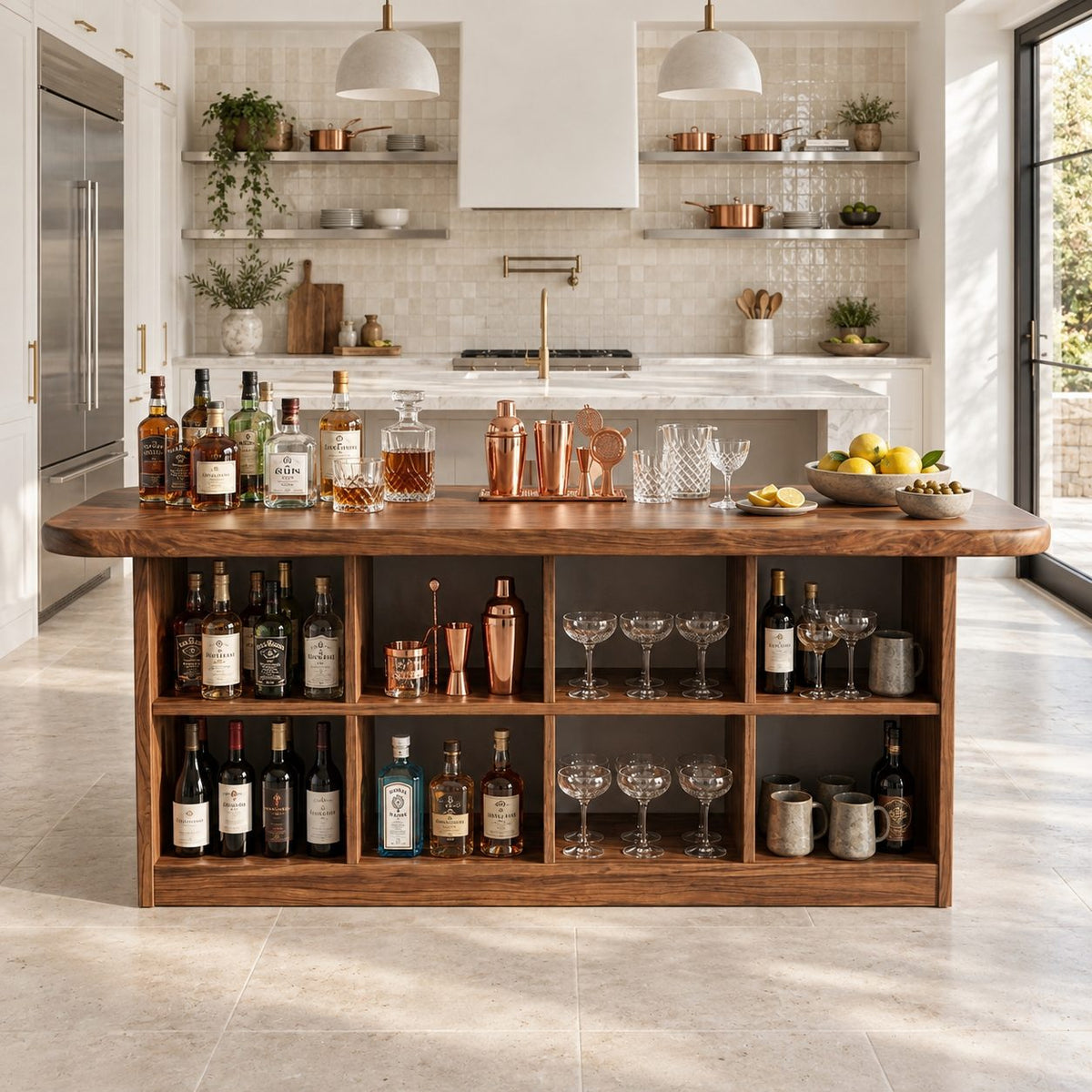 Cubby Storage Bar Table, Solid Wood Pub Height Home Bar with Open Bottle Shelves and Rounded Top, 39 to 79 Inch
