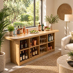 Cubby Storage Bar Table, Solid Wood Pub Height Home Bar with Open Bottle Shelves and Rounded Top, 39 to 79 Inch