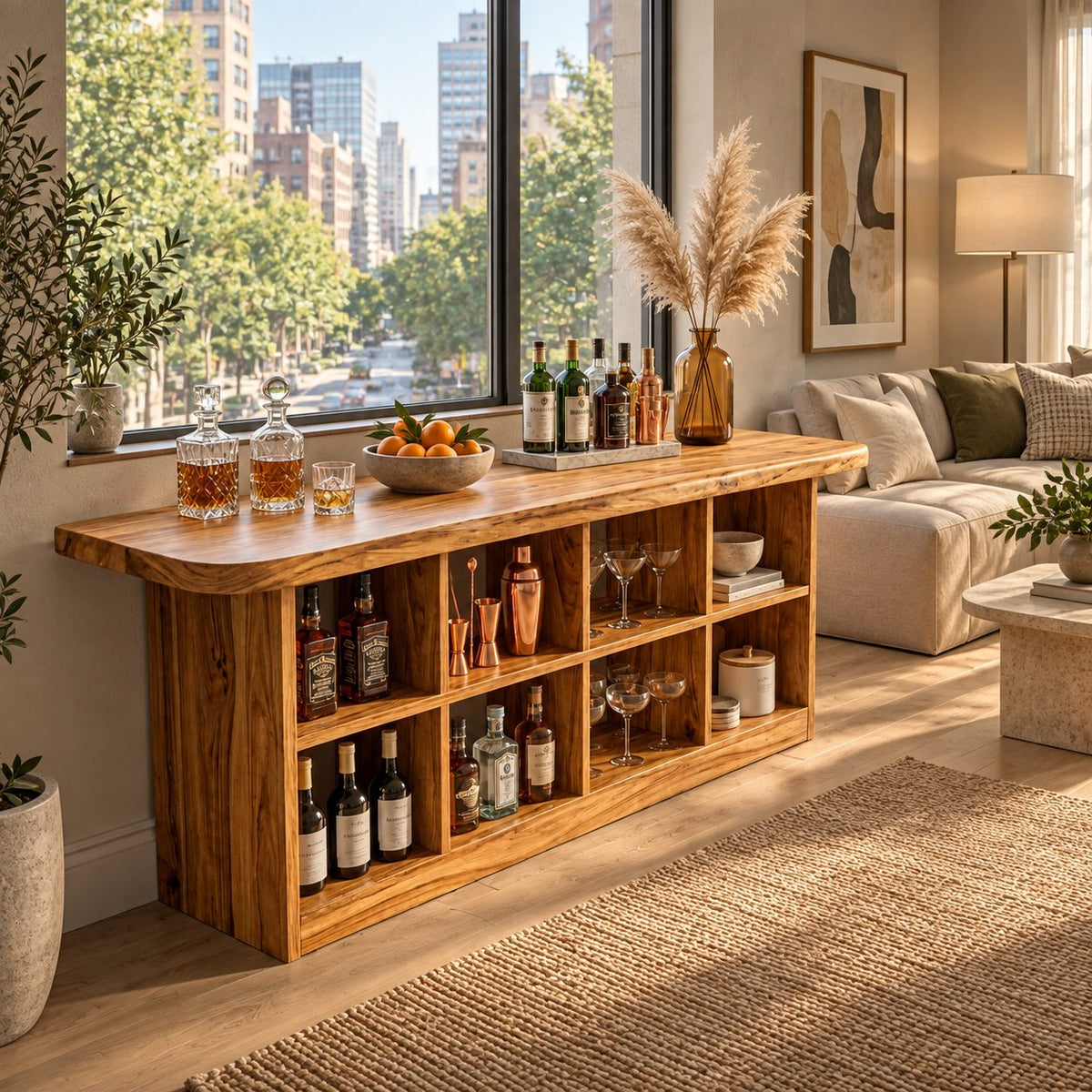Cubby Storage Bar Table, Solid Wood Pub Height Home Bar with Open Bottle Shelves and Rounded Top, 39 to 79 Inch