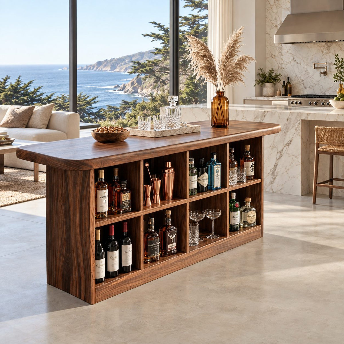 Cubby Storage Bar Table, Solid Wood Pub Height Home Bar with Open Bottle Shelves and Rounded Top, 39 to 79 Inch