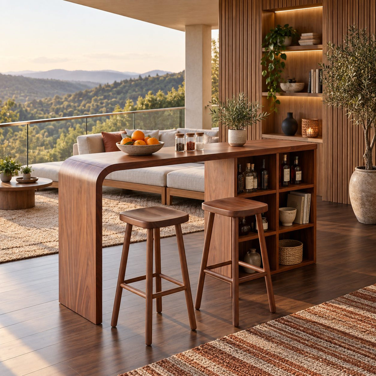 Waterfall Bar Table with Side Cubbies, Solid Wood Pub Height Breakfast Bar with Curved End Leg, 39 to 79 Inch