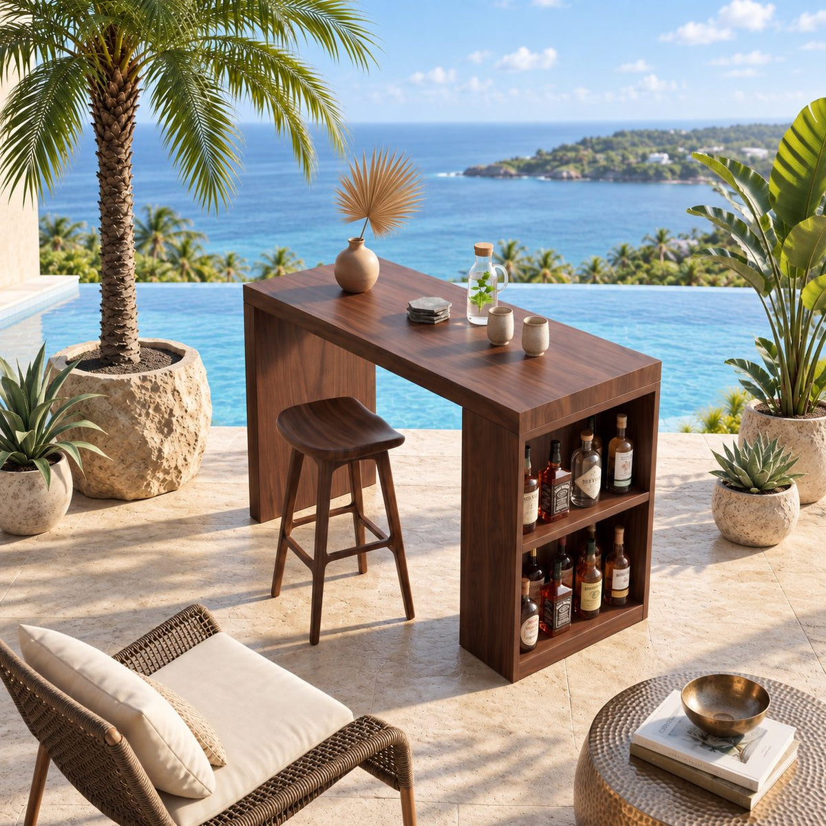 Panel Leg Bistro Bar Table, Solid Wood Pub Height Table with Open Bottle Shelves for Balcony or Patio, 39 to 79 Inch