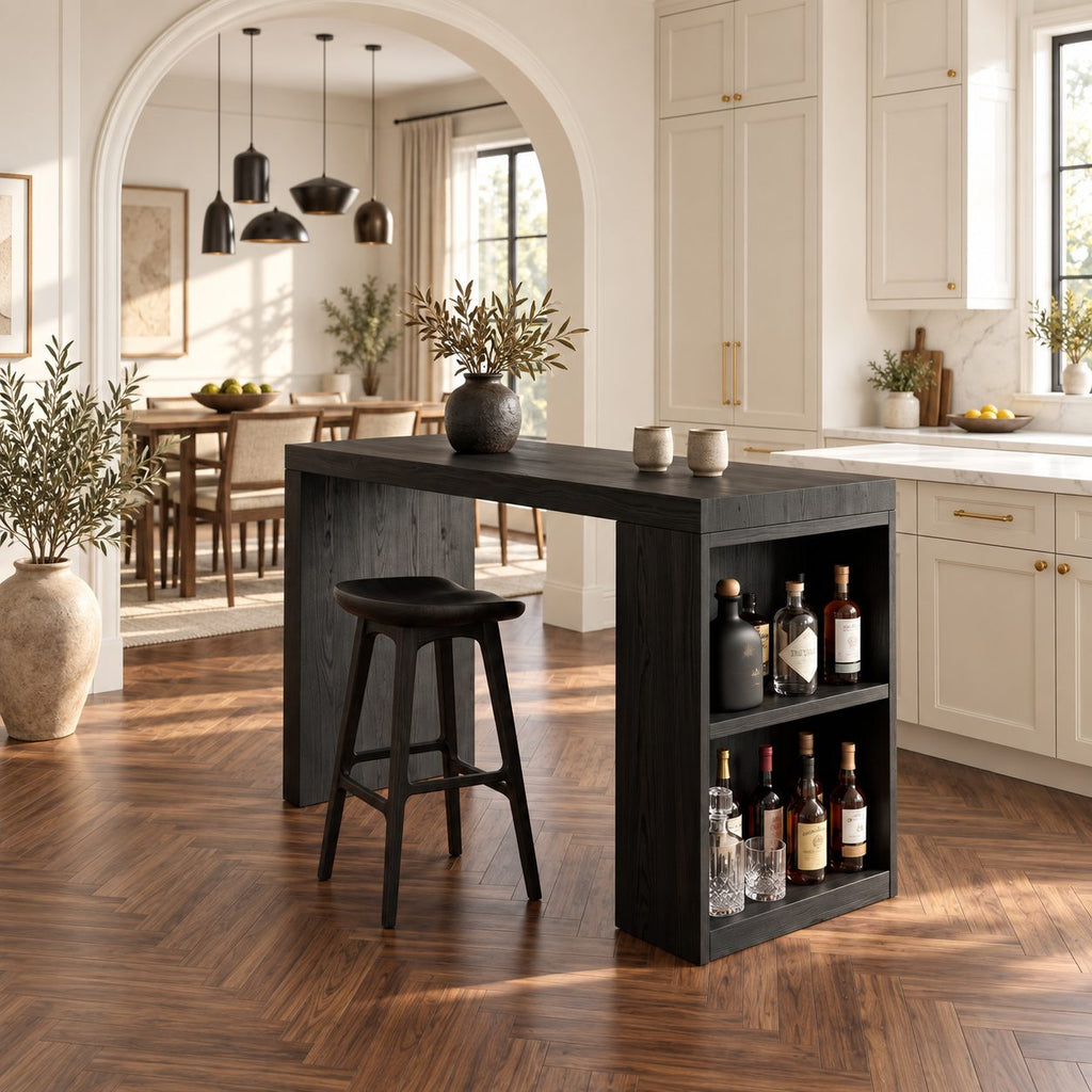 Panel Leg Bistro Bar Table, Solid Wood Pub Height Table with Open Bottle Shelves for Balcony or Patio, 39 to 79 Inch