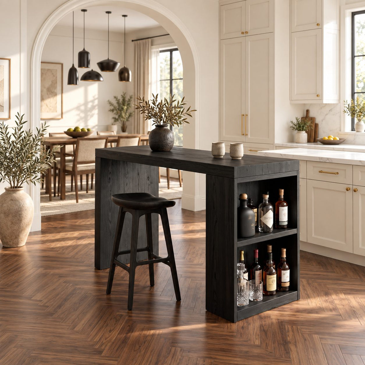Panel Leg Bistro Bar Table, Solid Wood Pub Height Table with Open Bottle Shelves for Balcony or Patio, 39 to 79 Inch