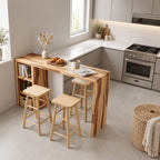 Slim Breakfast Bar Table, Solid Wood Waterfall Pub Table with Built-In End Shelves, 39 to 79 Inch, 16 to 28 Inch Deep