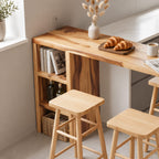 Slim Breakfast Bar Table, Solid Wood Waterfall Pub Table with Built-In End Shelves, 39 to 79 Inch, 16 to 28 Inch Deep