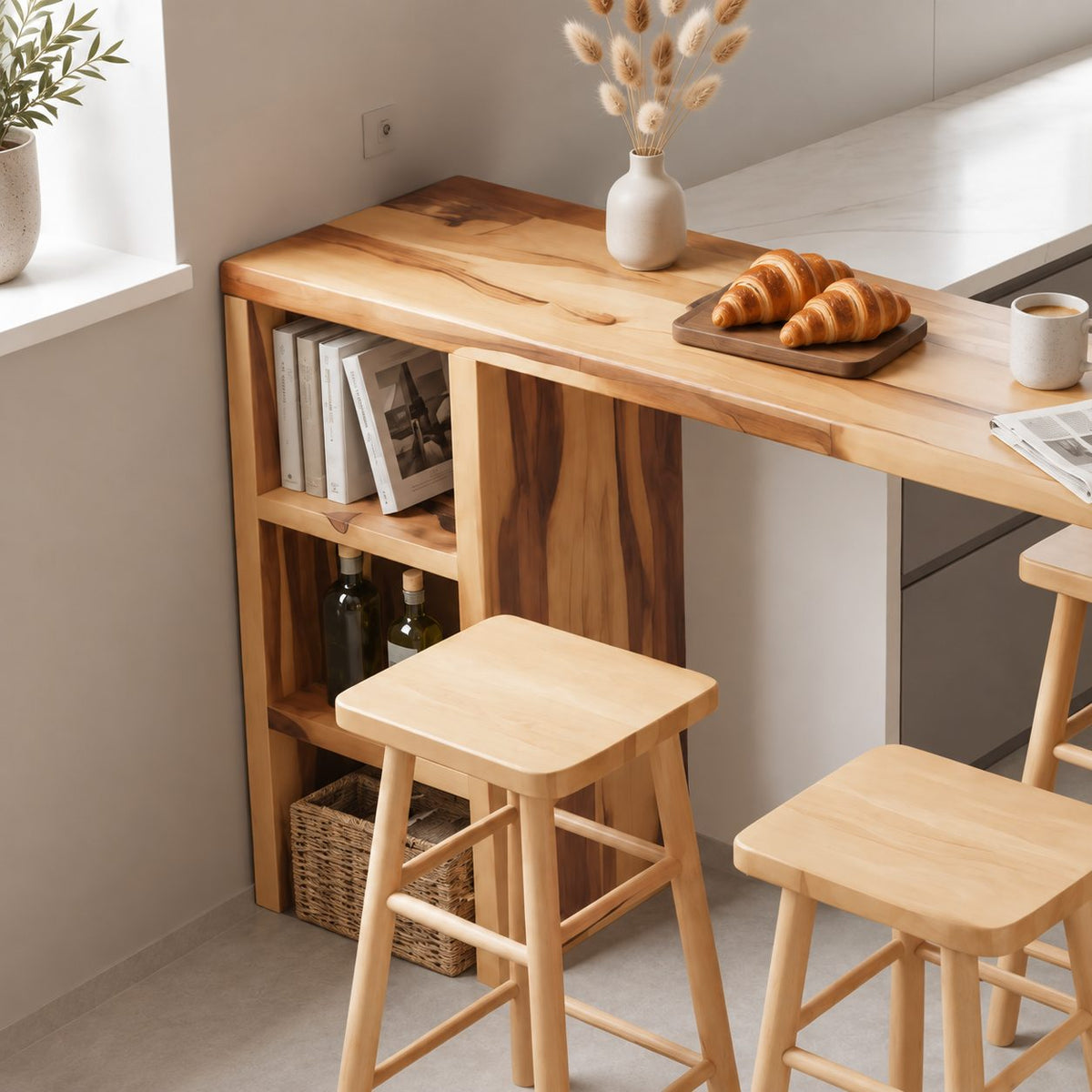Slim Breakfast Bar Table, Solid Wood Waterfall Pub Table with Built-In End Shelves, 39 to 79 Inch, 16 to 28 Inch Deep