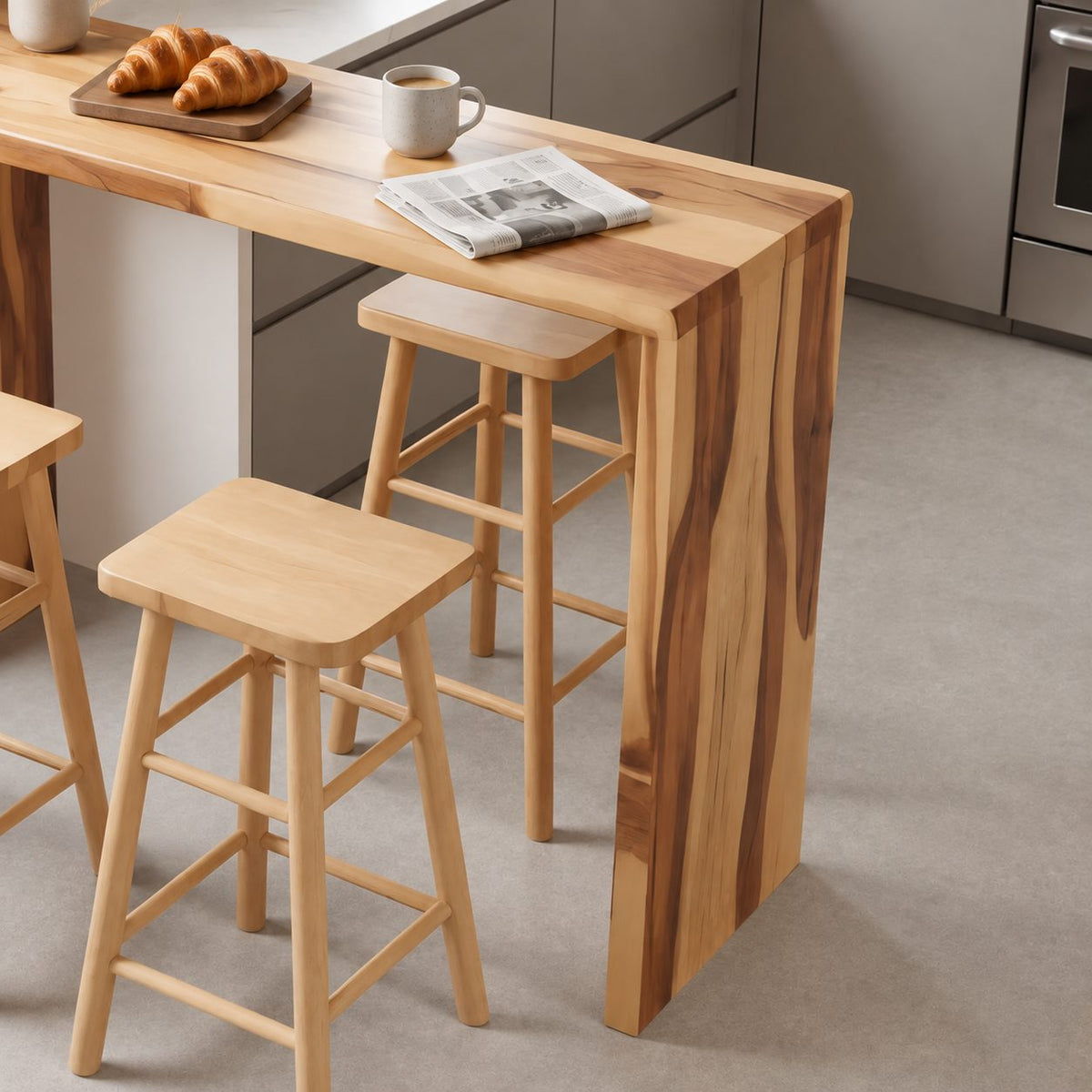 Slim Breakfast Bar Table, Solid Wood Waterfall Pub Table with Built-In End Shelves, 39 to 79 Inch, 16 to 28 Inch Deep