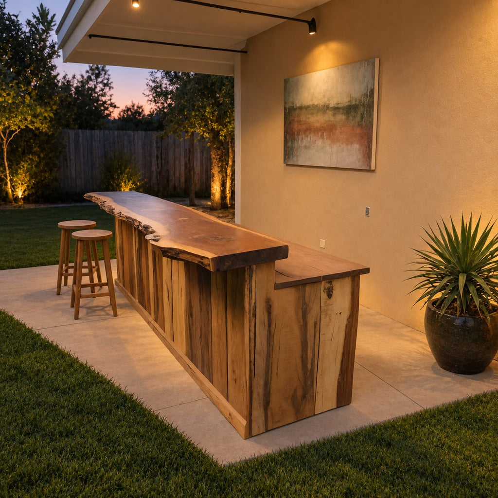 Outdoor Bar Counter, Live Edge Solid Wood Patio Bar with Plank Front and Lower Serving Ledge, 39 to 79 Inch