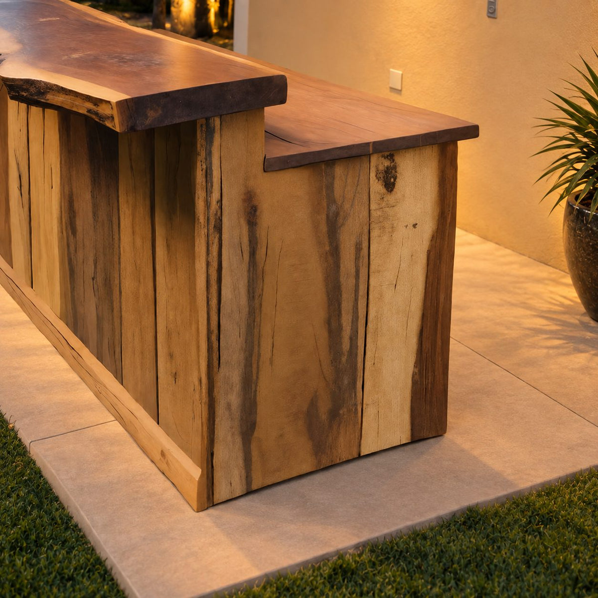 Outdoor Bar Counter, Live Edge Solid Wood Patio Bar with Plank Front and Lower Serving Ledge, 39 to 79 Inch