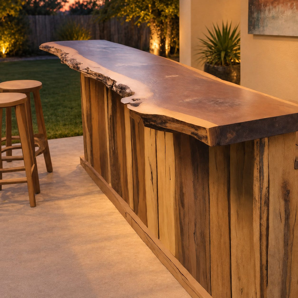Outdoor Bar Counter, Live Edge Solid Wood Patio Bar with Plank Front and Lower Serving Ledge, 39 to 79 Inch