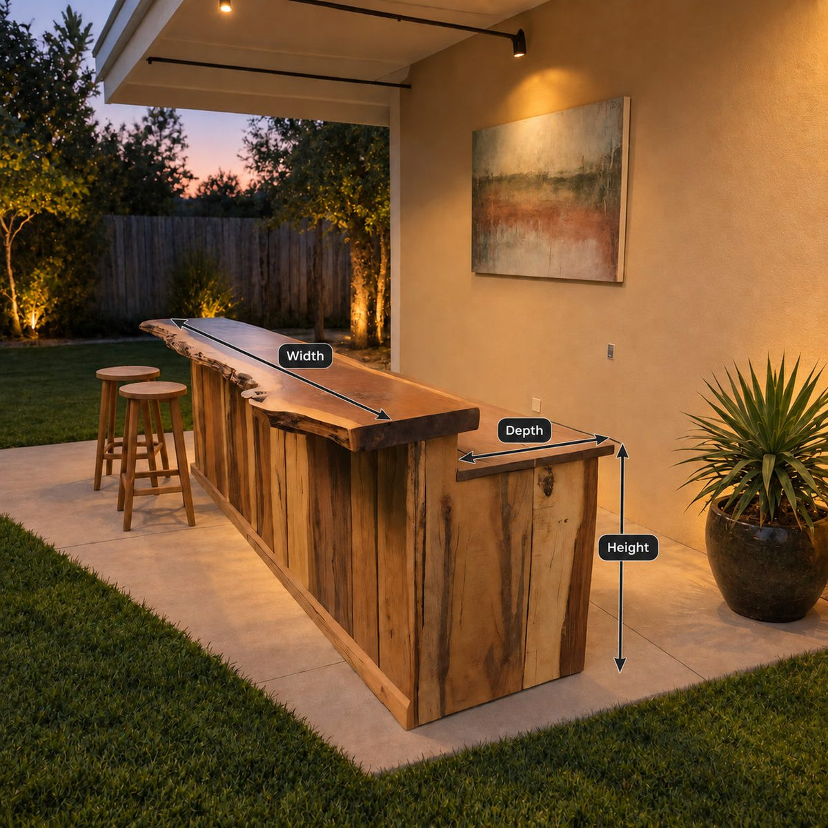 Outdoor Bar Counter, Live Edge Solid Wood Patio Bar with Plank Front and Lower Serving Ledge, 39 to 79 Inch