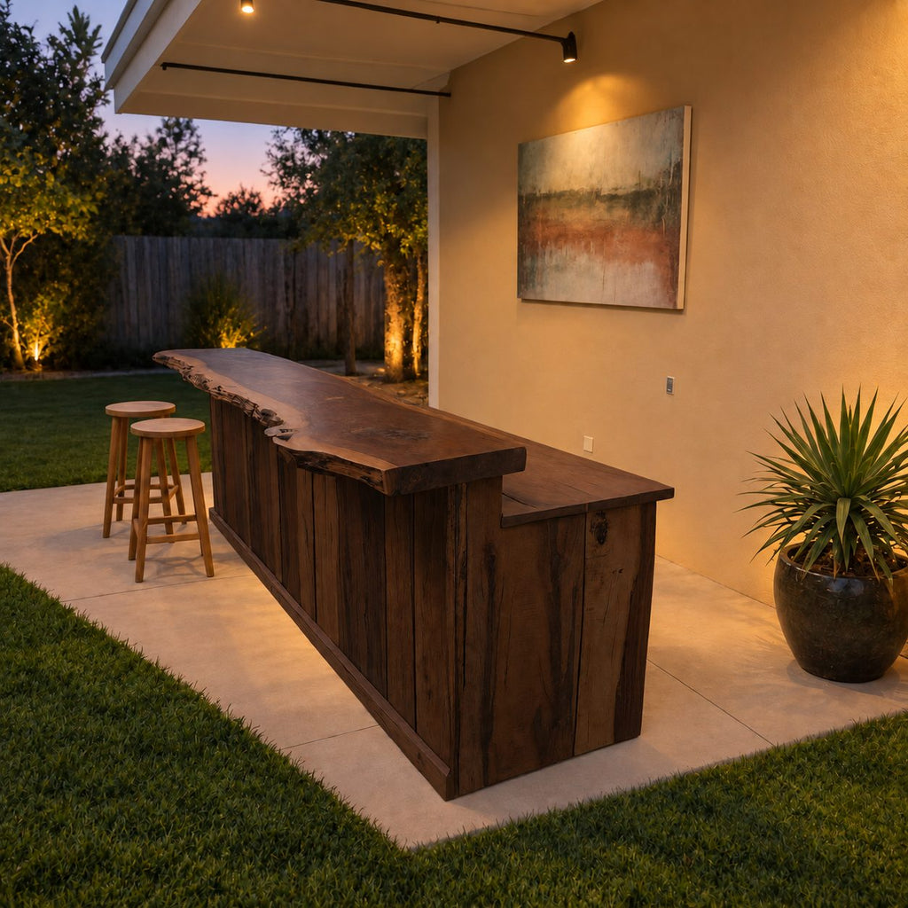 Outdoor Bar Counter, Live Edge Solid Wood Patio Bar with Plank Front and Lower Serving Ledge, 39 to 79 Inch