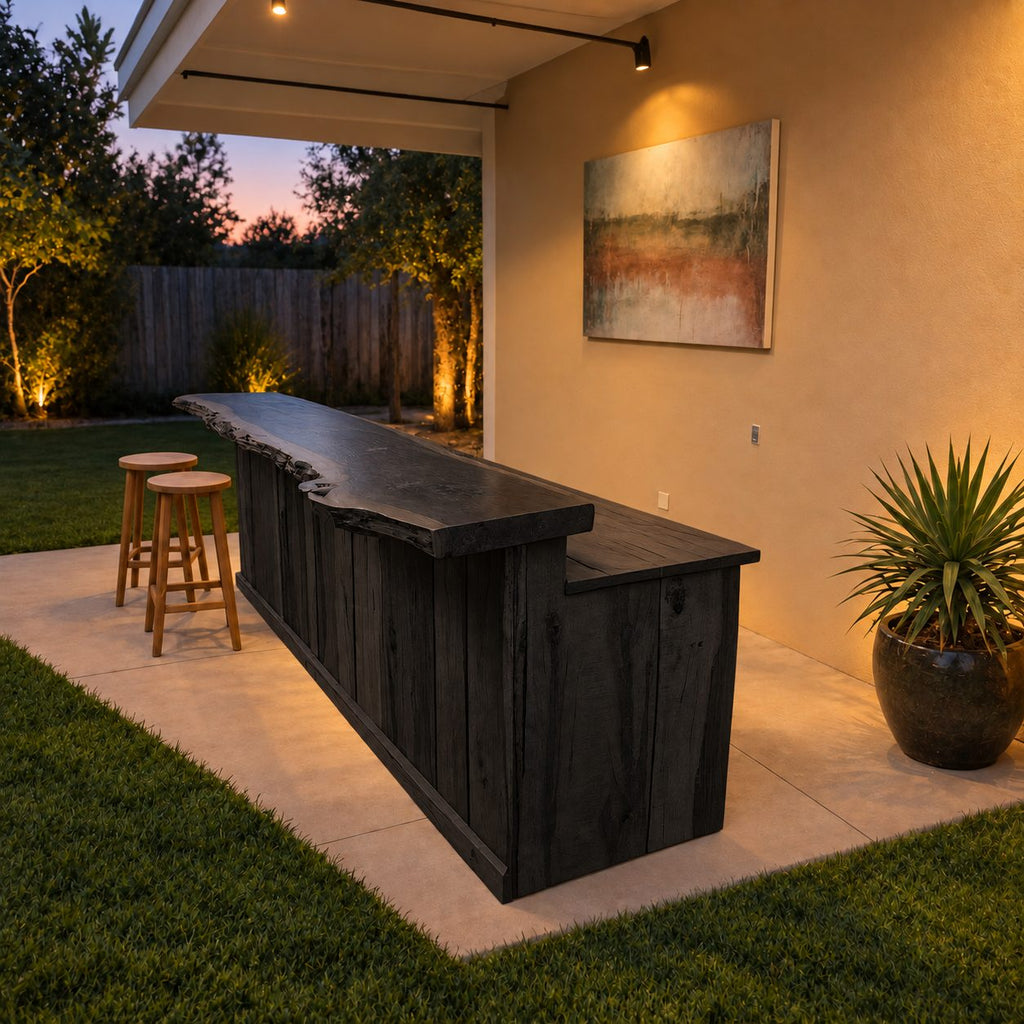 Outdoor Bar Counter, Live Edge Solid Wood Patio Bar with Plank Front and Lower Serving Ledge, 39 to 79 Inch