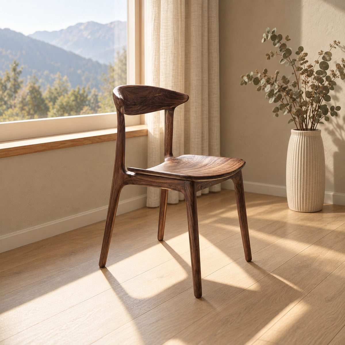 Crescent Back Dining Chair, Solid Wood Sculptural Side Chair with Contoured Seat, Mid Century Kitchen Chair