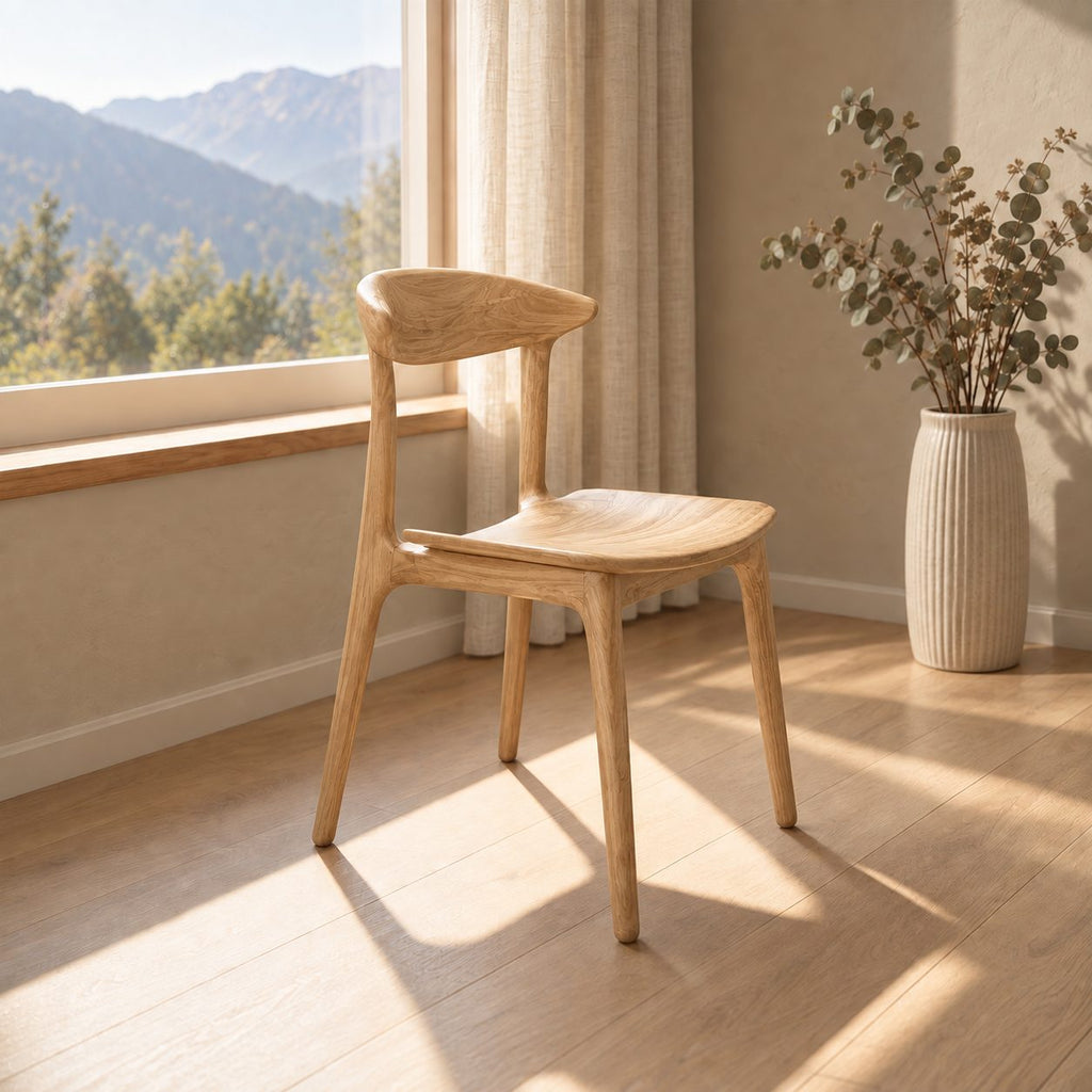 Crescent Back Dining Chair, Solid Wood Sculptural Side Chair with Contoured Seat, Mid Century Kitchen Chair