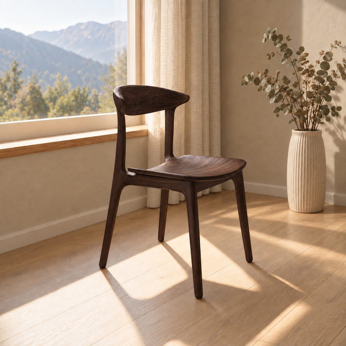 Crescent Back Dining Chair, Solid Wood Sculptural Side Chair with Contoured Seat, Mid Century Kitchen Chair