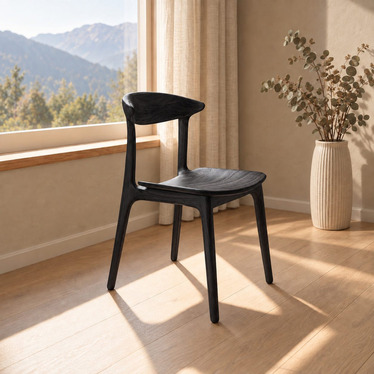 Crescent Back Dining Chair, Solid Wood Sculptural Side Chair with Contoured Seat, Mid Century Kitchen Chair