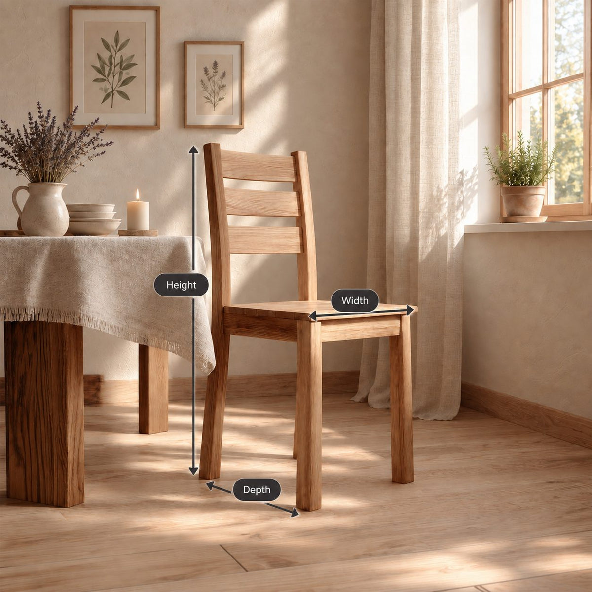 Ladder Back Dining Chair, Solid Wood Farmhouse Side Chair with Three-Slat Back, Rustic Kitchen Chair