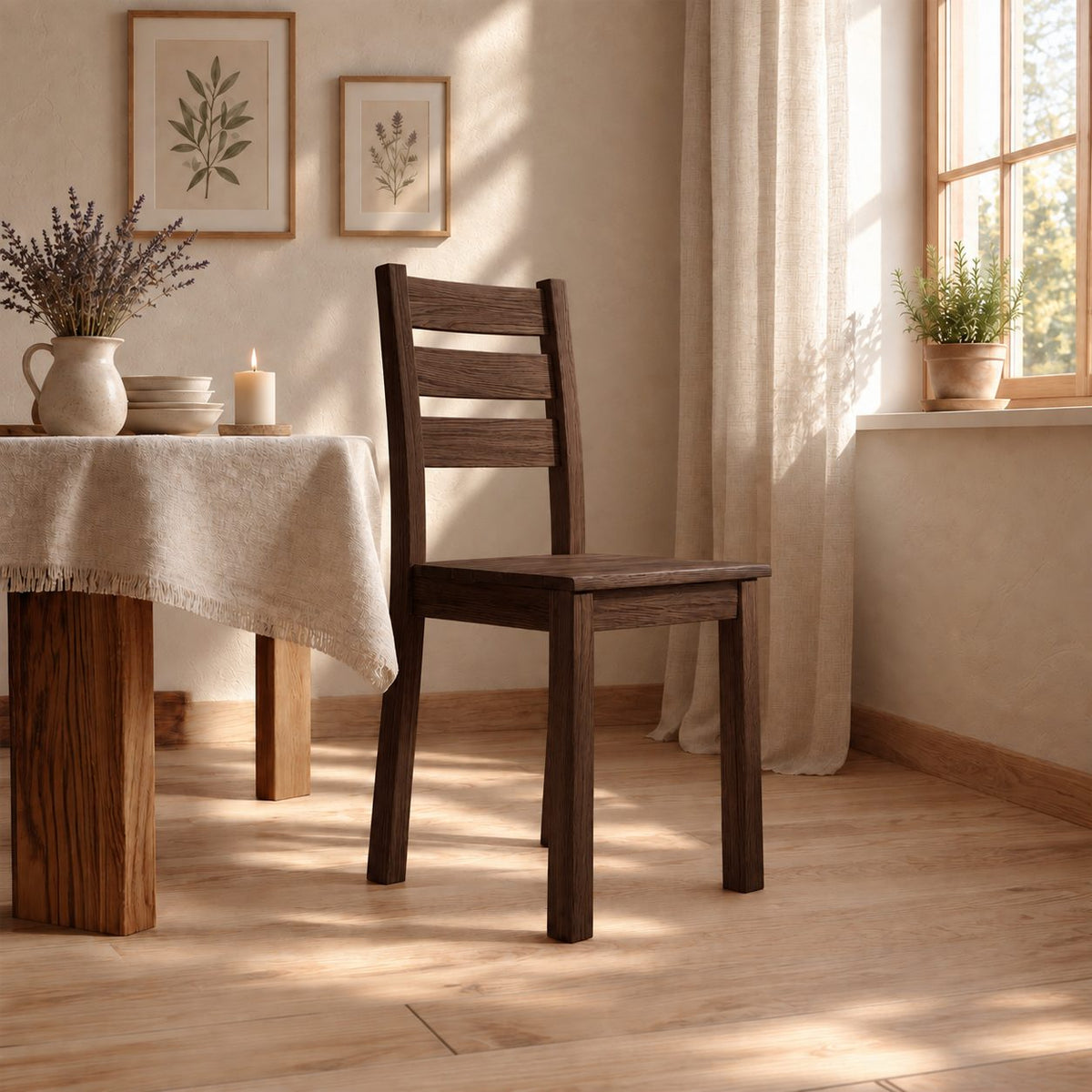 Ladder Back Dining Chair, Solid Wood Farmhouse Side Chair with Three-Slat Back, Rustic Kitchen Chair