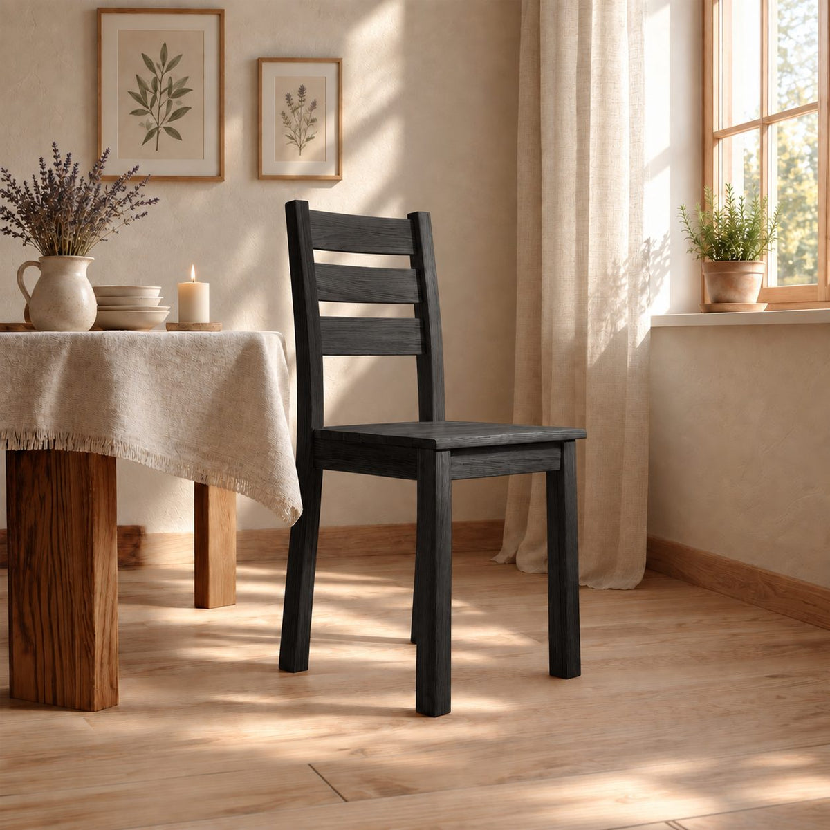Ladder Back Dining Chair, Solid Wood Farmhouse Side Chair with Three-Slat Back, Rustic Kitchen Chair