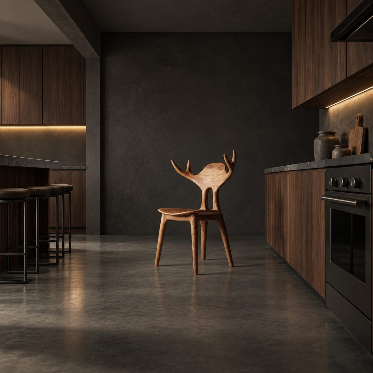 Antler Back Dining Chair, Hand-Carved Solid Wood Sculptural Side Chair with Rounded Back Panel, Art Seating