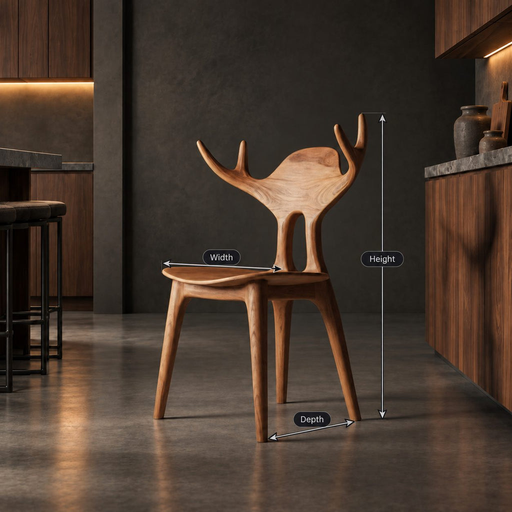 Antler Back Dining Chair, Hand-Carved Solid Wood Sculptural Side Chair with Rounded Back Panel, Art Seating