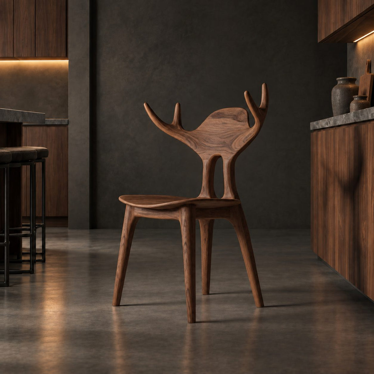 Antler Back Dining Chair, Hand-Carved Solid Wood Sculptural Side Chair with Rounded Back Panel, Art Seating
