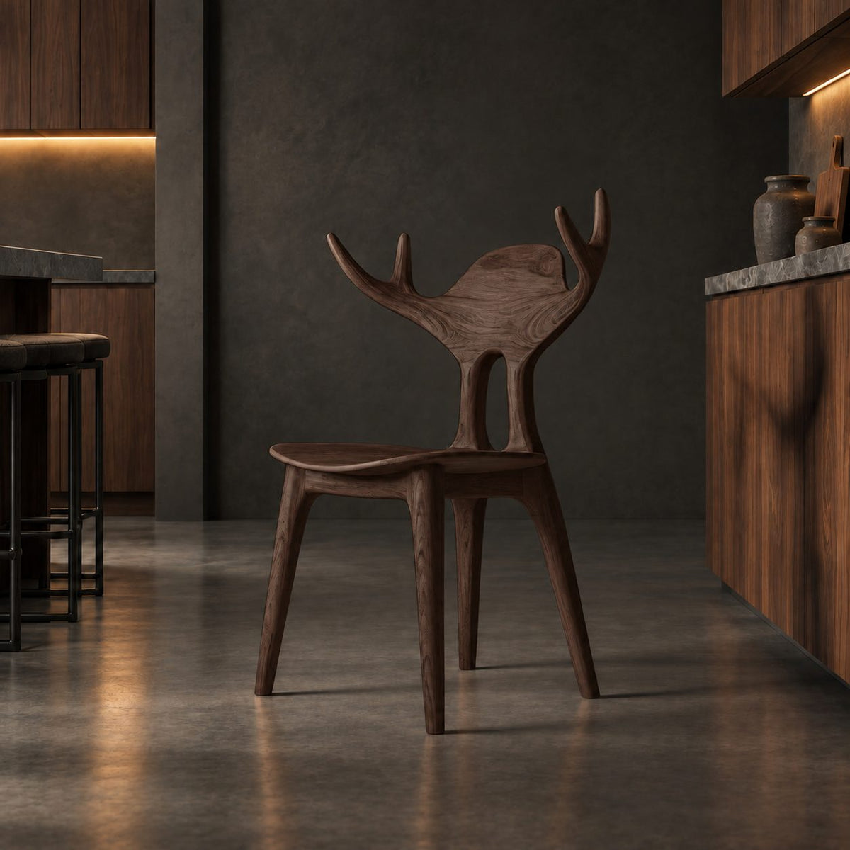 Antler Back Dining Chair, Hand-Carved Solid Wood Sculptural Side Chair with Rounded Back Panel, Art Seating