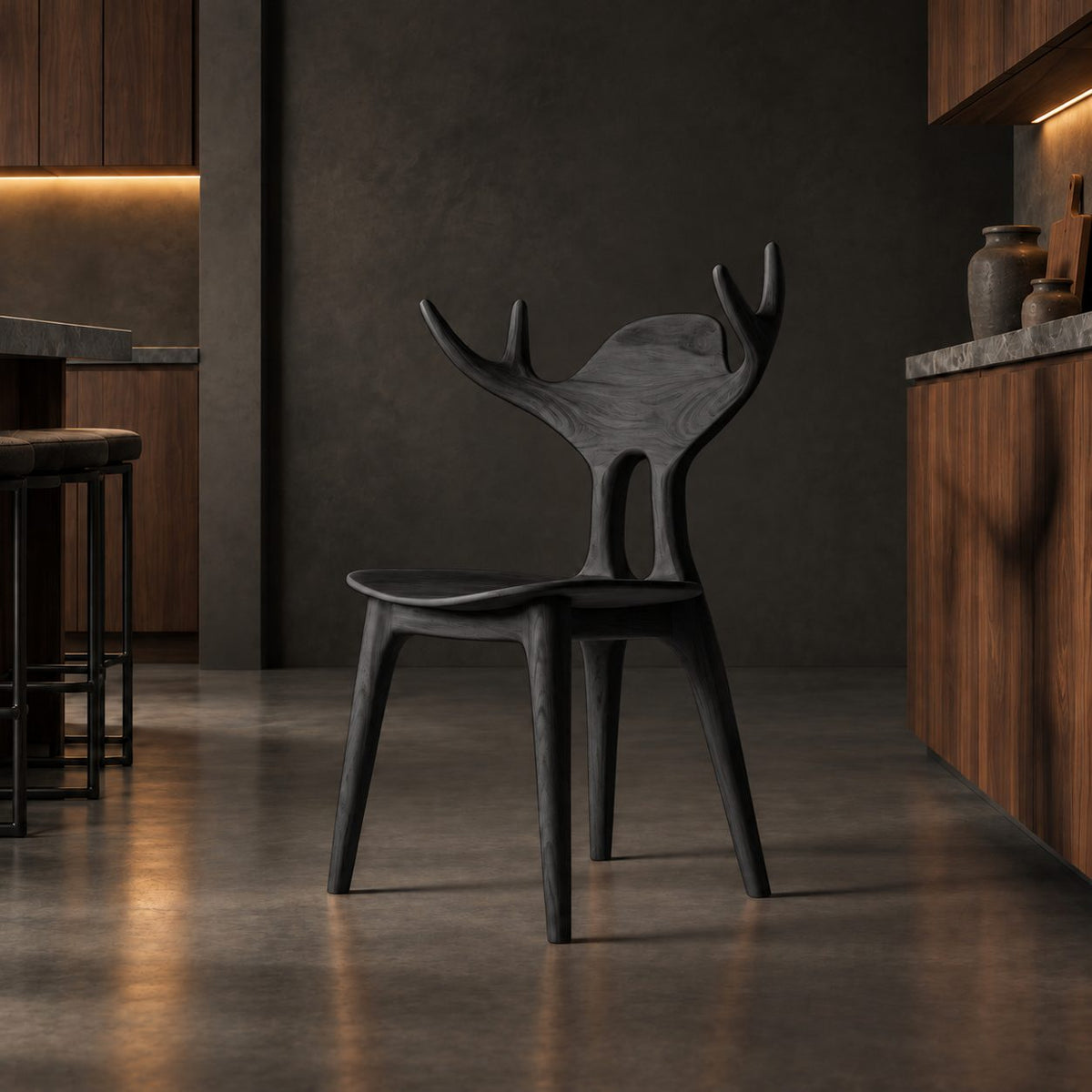 Antler Back Dining Chair, Hand-Carved Solid Wood Sculptural Side Chair with Rounded Back Panel, Art Seating