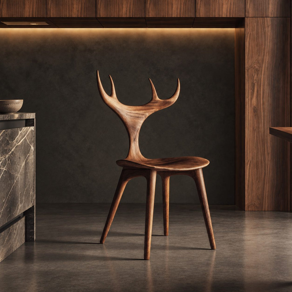 Branching Antler Dining Chair, Carved Solid Wood Chair with Slender Stem Back and Round Seat, Statement Piece