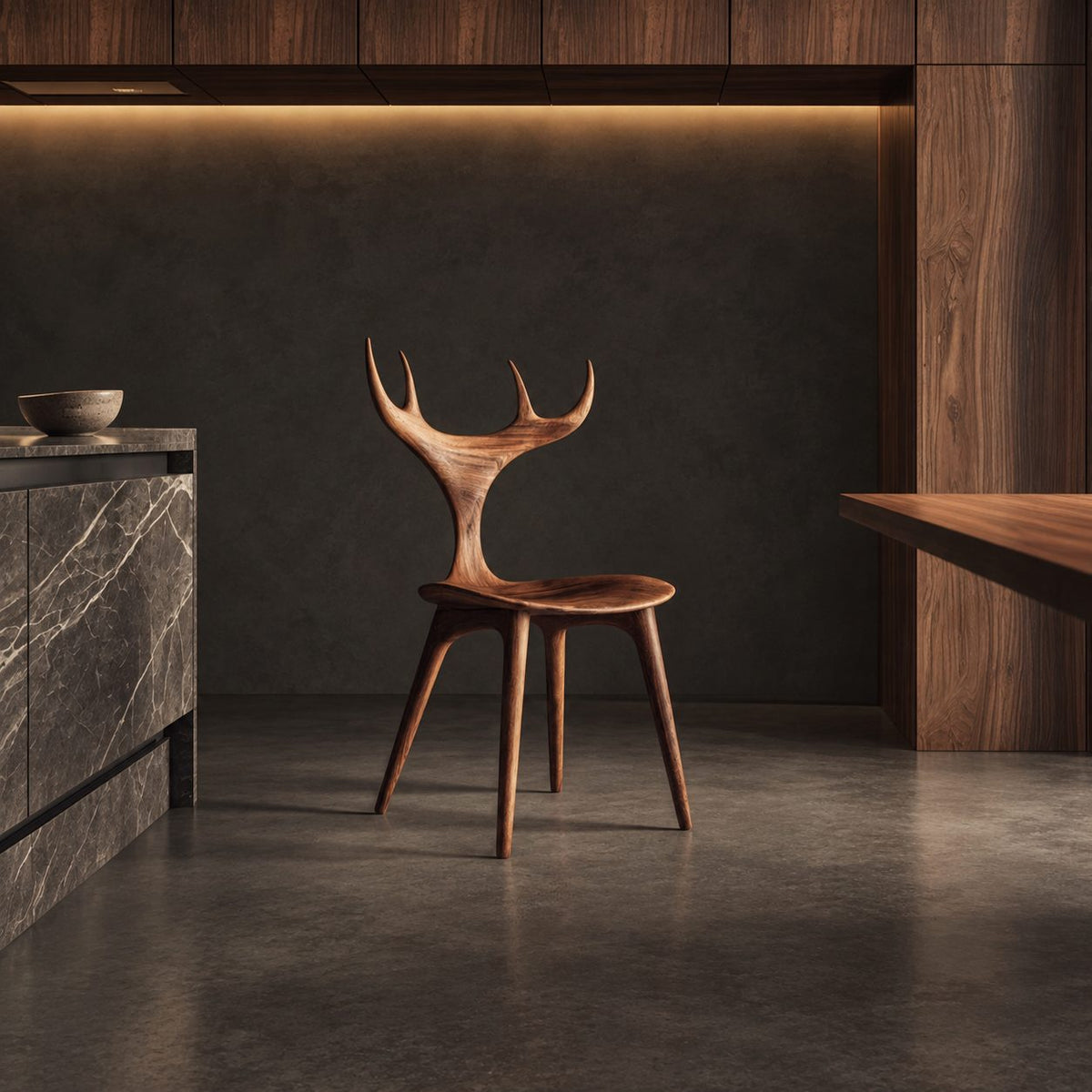 Branching Antler Dining Chair, Carved Solid Wood Chair with Slender Stem Back and Round Seat, Statement Piece