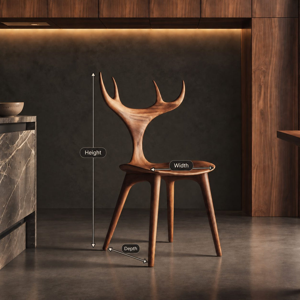 Branching Antler Dining Chair, Carved Solid Wood Chair with Slender Stem Back and Round Seat, Statement Piece