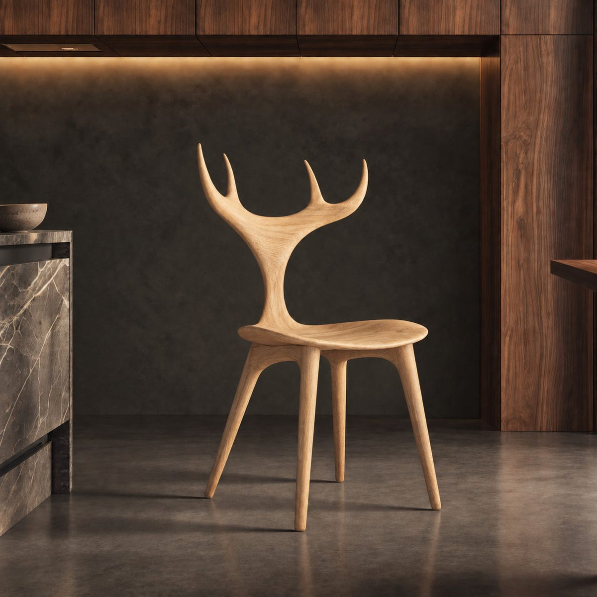 Branching Antler Dining Chair, Carved Solid Wood Chair with Slender Stem Back and Round Seat, Statement Piece