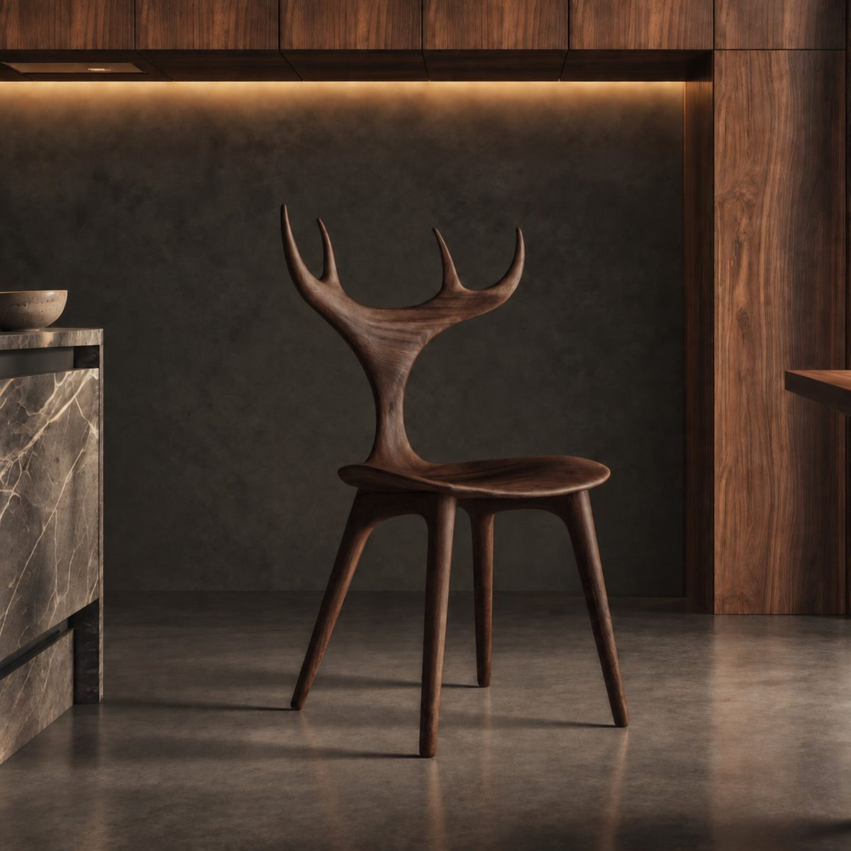 Branching Antler Dining Chair, Carved Solid Wood Chair with Slender Stem Back and Round Seat, Statement Piece