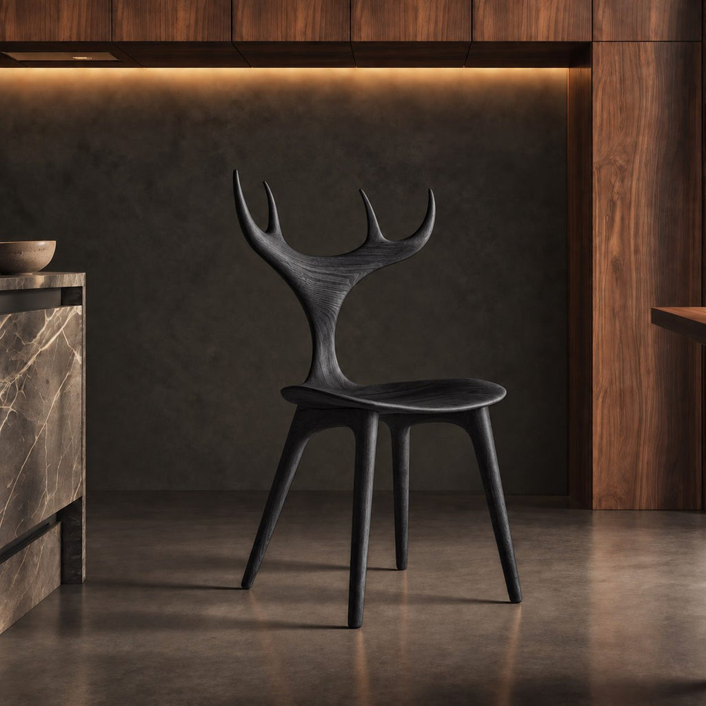 Branching Antler Dining Chair, Carved Solid Wood Chair with Slender Stem Back and Round Seat, Statement Piece