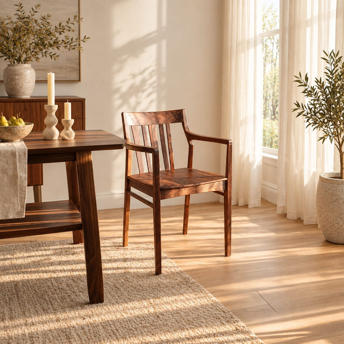 Slat Back Dining Armchair, Solid Wood Mid Century Chair with Open Arms and Vertical Back Slats