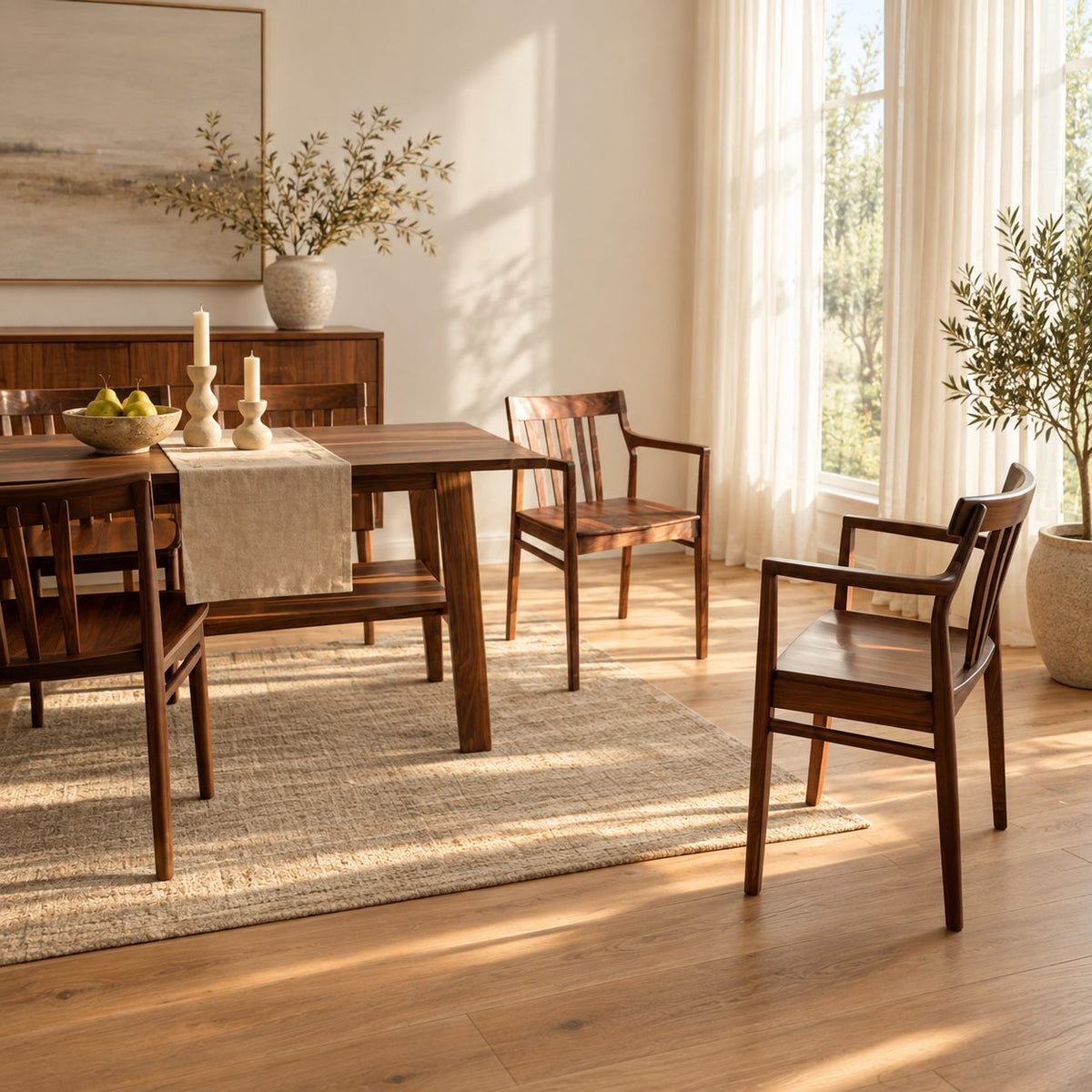 Slat Back Dining Armchair, Solid Wood Mid Century Chair with Open Arms and Vertical Back Slats
