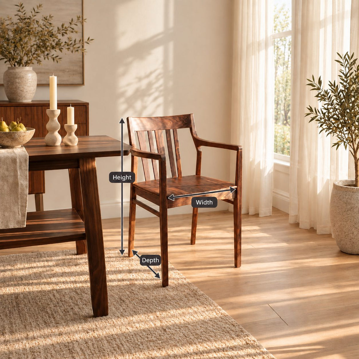 Slat Back Dining Armchair, Solid Wood Mid Century Chair with Open Arms and Vertical Back Slats
